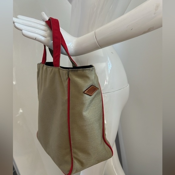 MZ Wallace Khaki Tan Canvas Red Suede Handle Tote Bag - Picture 1 of 13